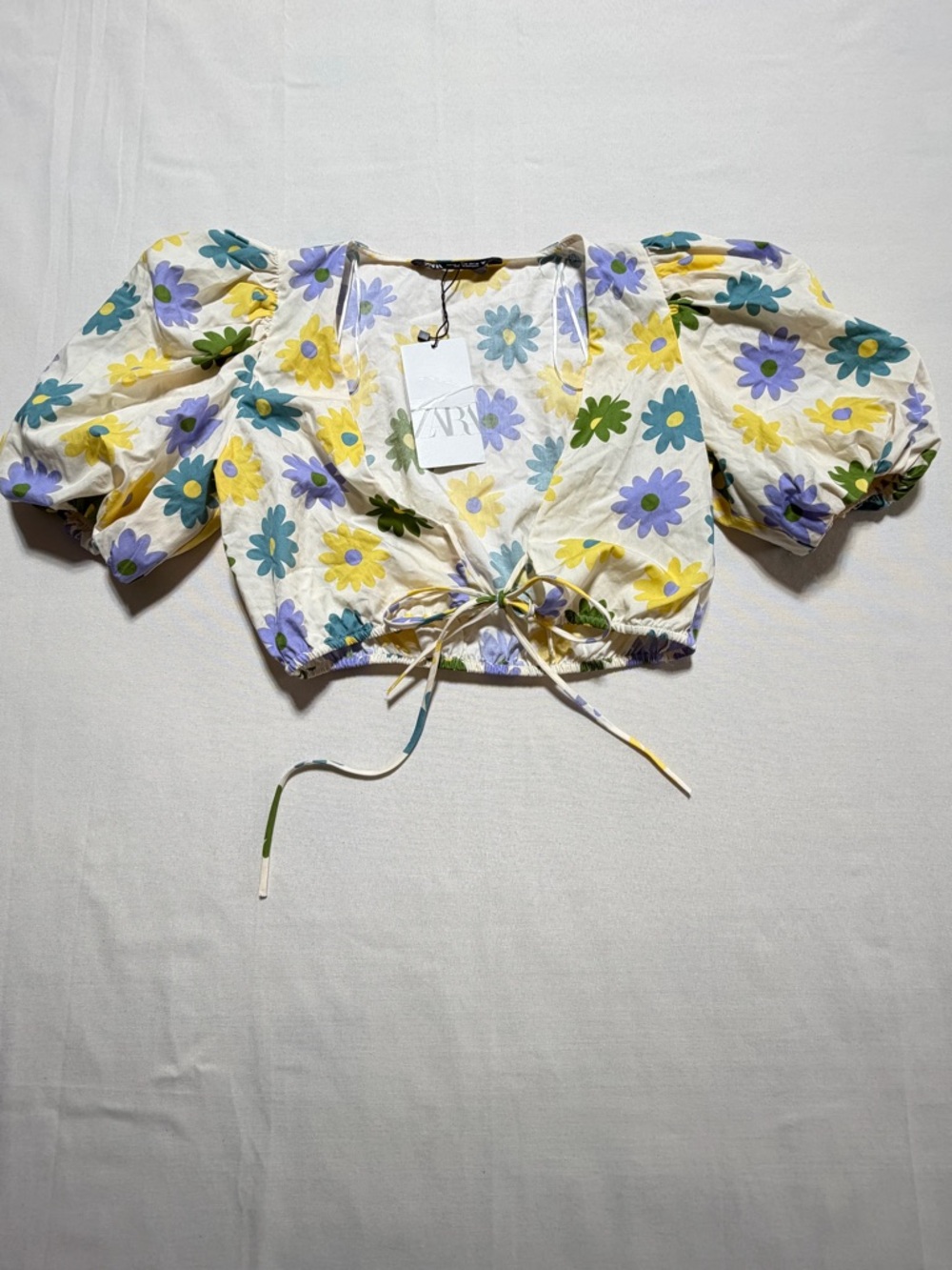 NWT Zara Floral Puff Sleeve Crop Top XS Tie Front Boho Cottagecore